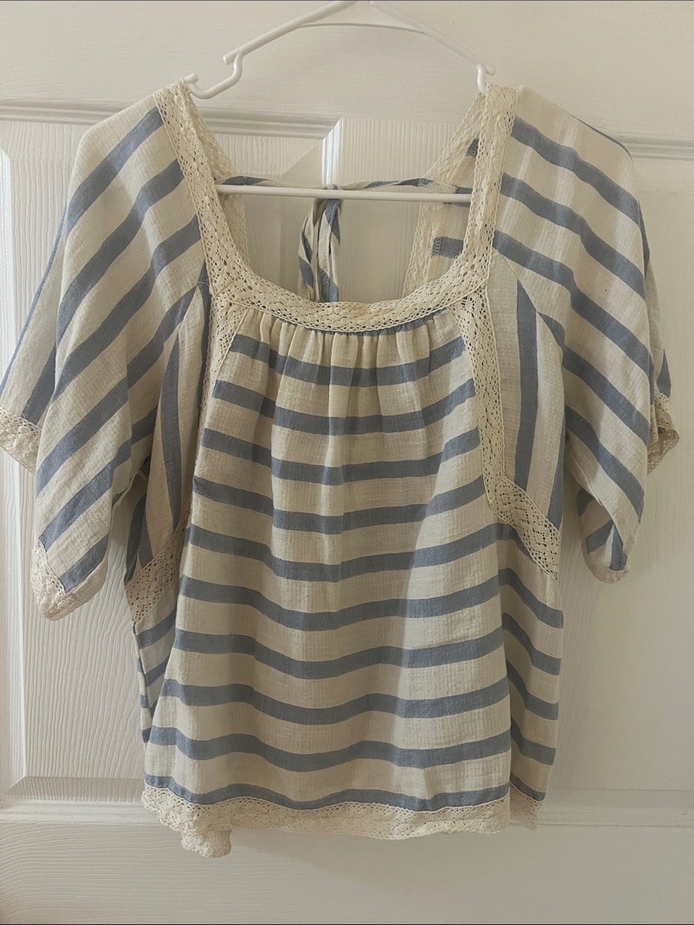 easel Cream and Blue Striped Crochet-Trim Peasant Blouse